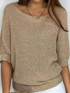 Women's beige open knit sweater with boat neckline and elbow-length dolman sleeves - view 7
