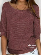 Women's beige open knit sweater with boat neckline and elbow-length dolman sleeves - view 9