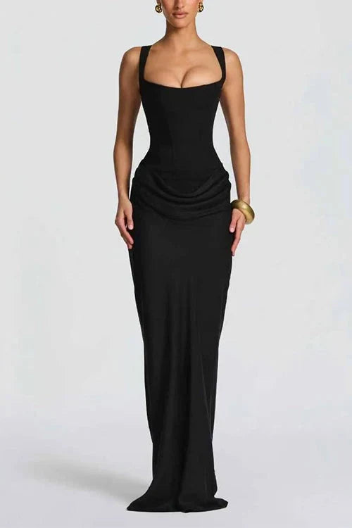 Draped corset formal maxi dress with square neckline and floor-length fitted skirt - view 10