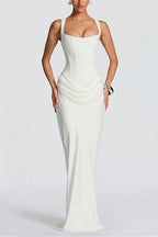 Draped corset formal maxi dress with square neckline and floor-length fitted skirt - view 3
