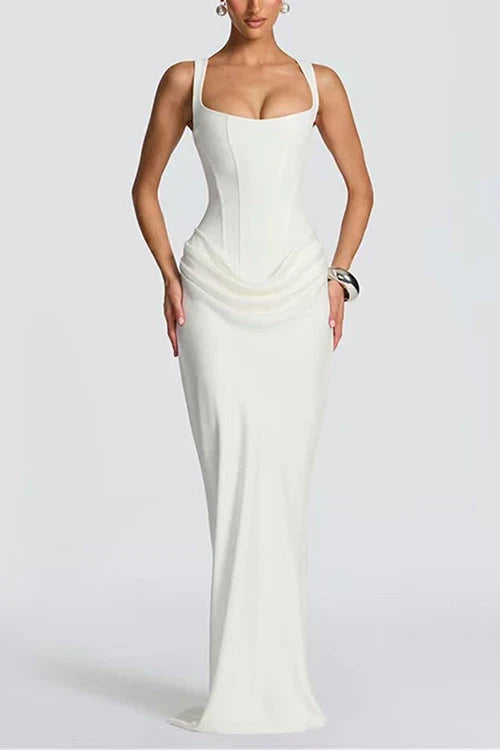 Draped corset formal maxi dress with square neckline and floor-length fitted skirt - view 3