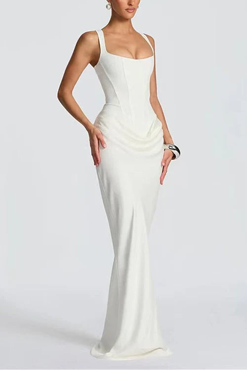 Draped corset formal maxi dress with square neckline and floor-length fitted skirt - view 5