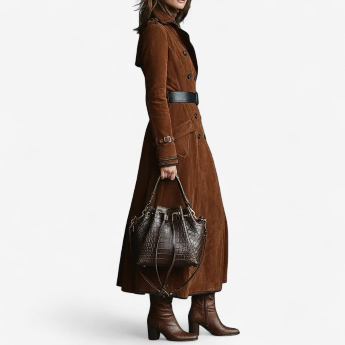 Woman wearing a long double breasted suede-look trench coat with contrast piping and flap pockets - view 2