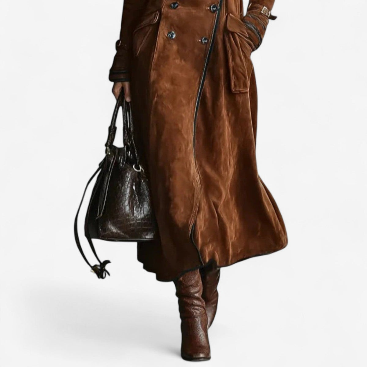 Woman wearing a long double breasted suede-look trench coat with contrast piping and flap pockets - view 3