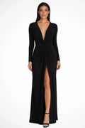 Long sleeve maxi dress with plunging V-neck, twist-knot waist and high front slit