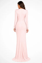 Long sleeve maxi dress with plunging V-neck, twist-knot waist and high front slit - view 12