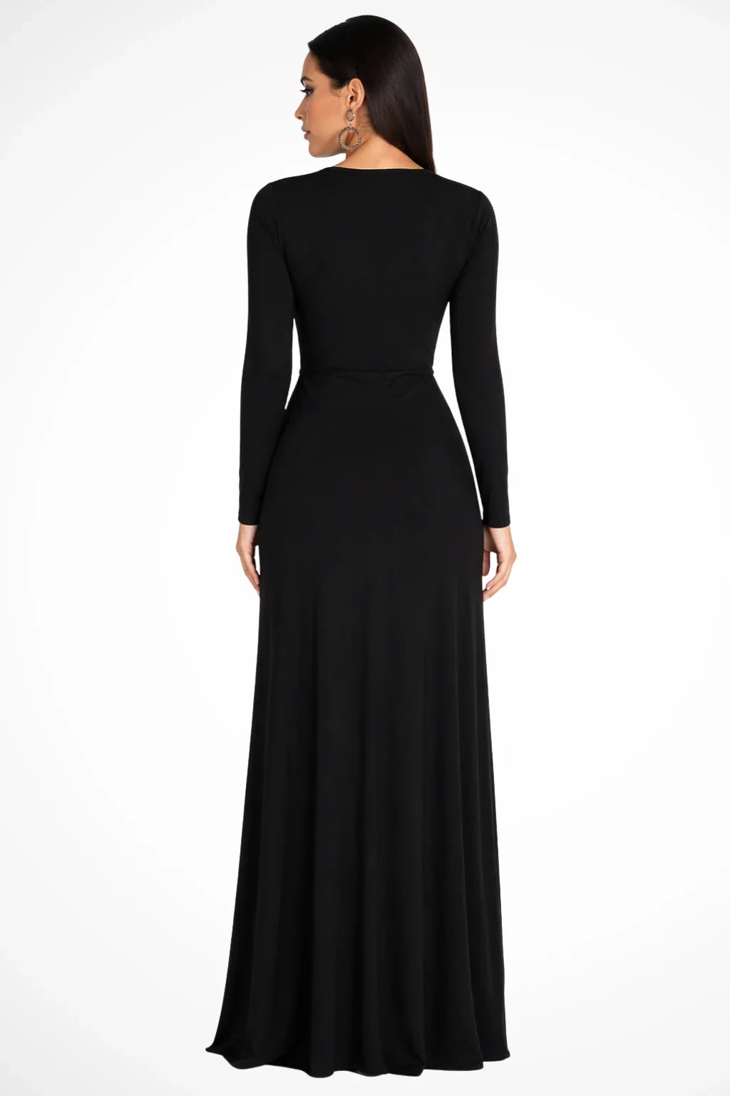 Long sleeve maxi dress with plunging V-neck, twist-knot waist and high front slit - view 3