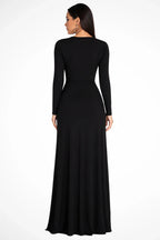 Long sleeve maxi dress with plunging V-neck, twist-knot waist and high front slit - view 3