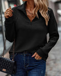 Women's ribbed quarter zip sweater with stand collar and raglan sleeves, worn with jeans - view 8
