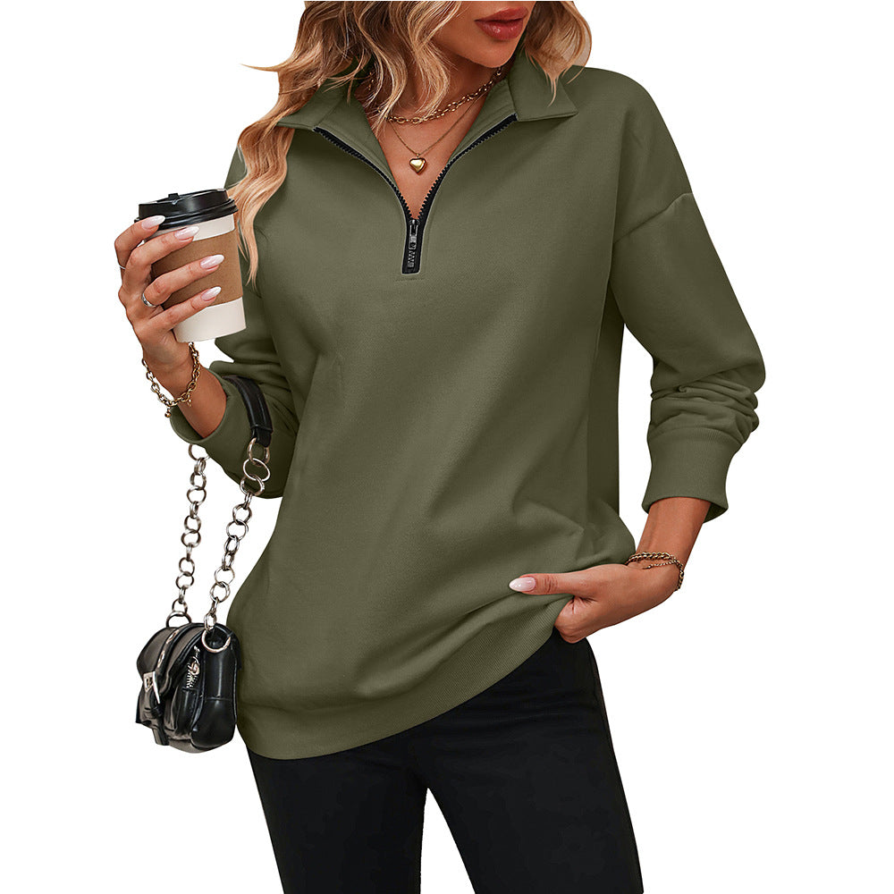 Women's collared quarter zip sweatshirt with black zipper, drop shoulders and ribbed hem, relaxed fit - view 6