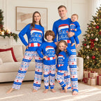 Matching family Christmas pajamas with blue Merry Christmas graphic top and holiday print pants