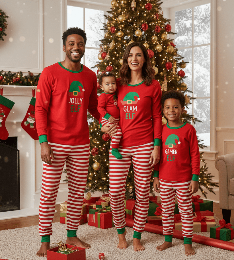 Matching family Christmas pajamas with red elf graphic top and red and white striped pants
