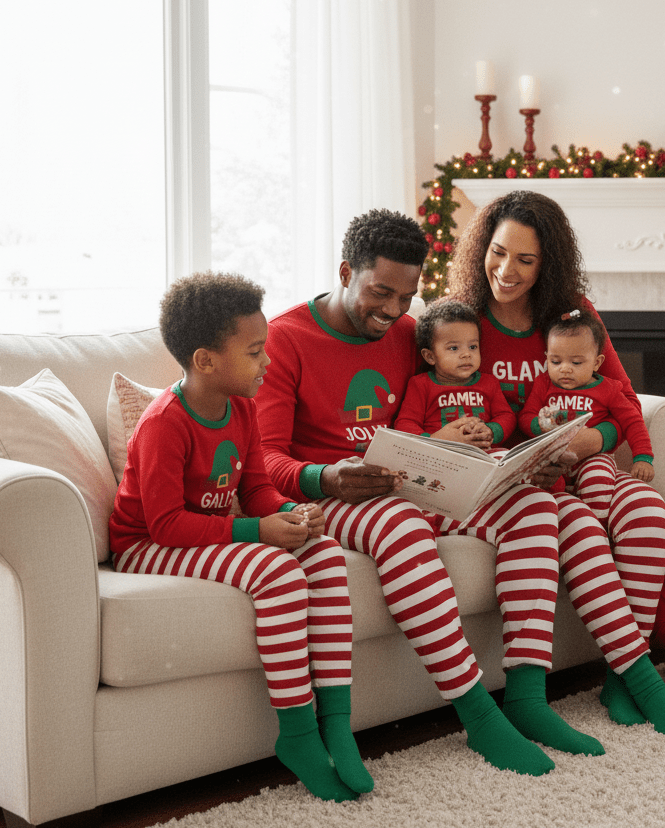 Matching family Christmas pajamas with red elf graphic top and red and white striped pants - view 10