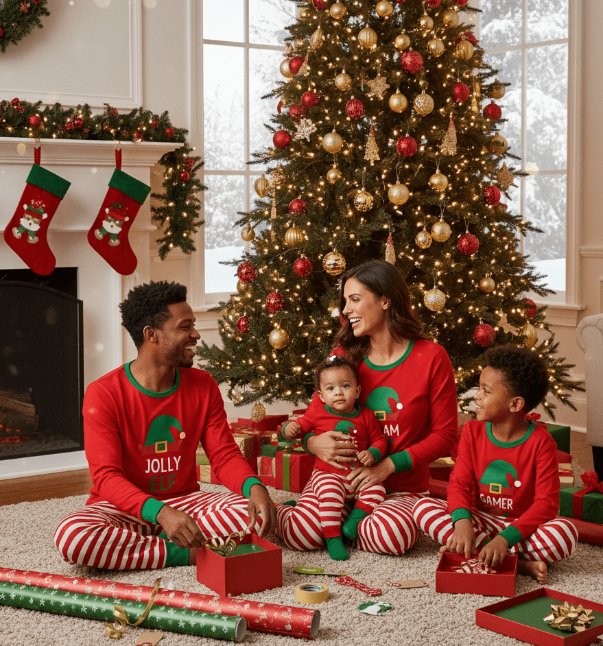 Matching family Christmas pajamas with red elf graphic top and red and white striped pants - view 2