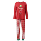 Matching family Christmas pajamas with red elf graphic top and red and white striped pants - view 5