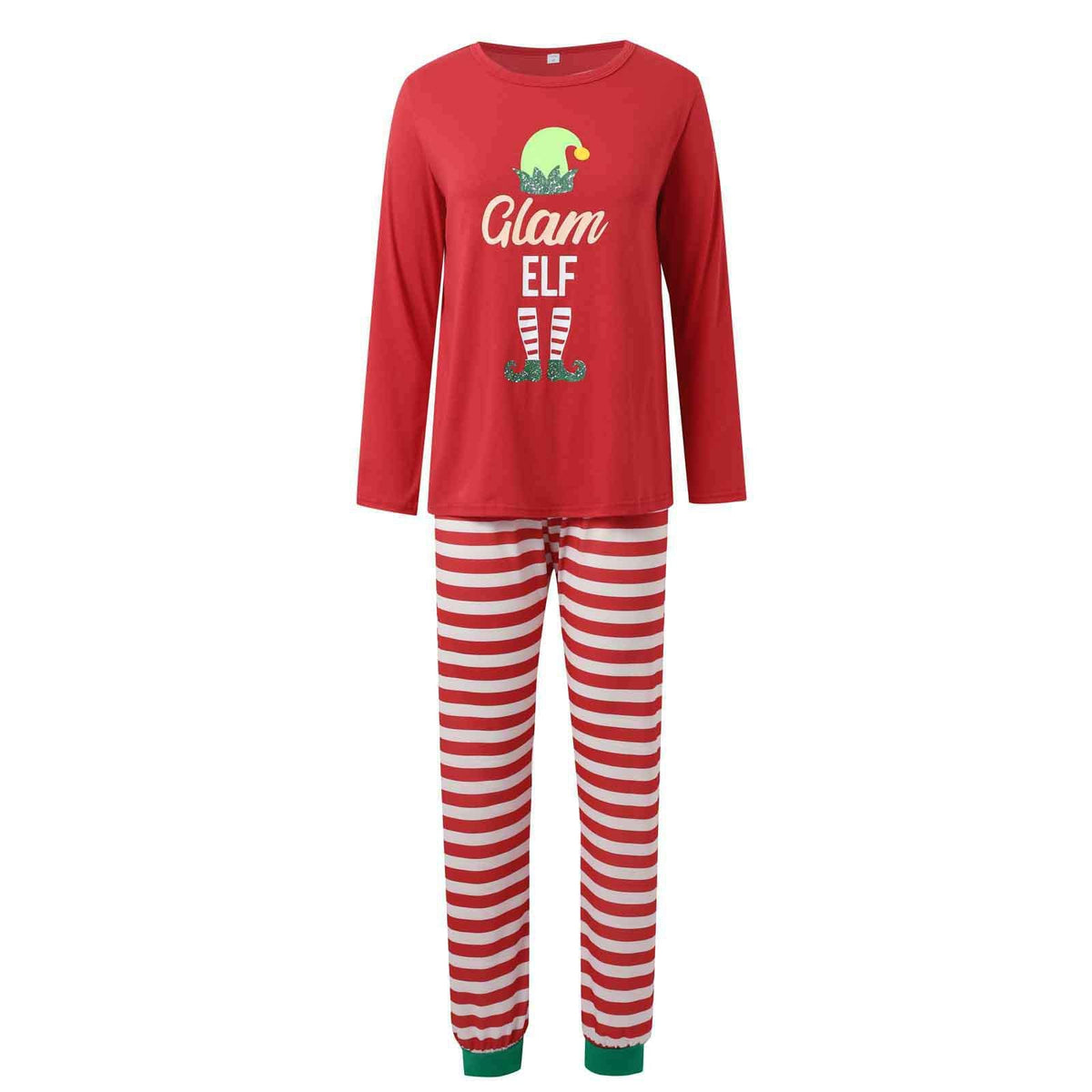 Matching family Christmas pajamas with red elf graphic top and red and white striped pants - view 5
