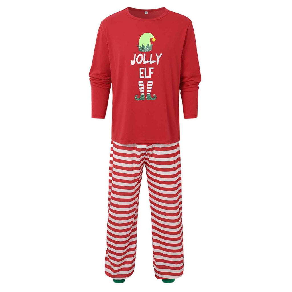 Matching family Christmas pajamas with red elf graphic top and red and white striped pants - view 6