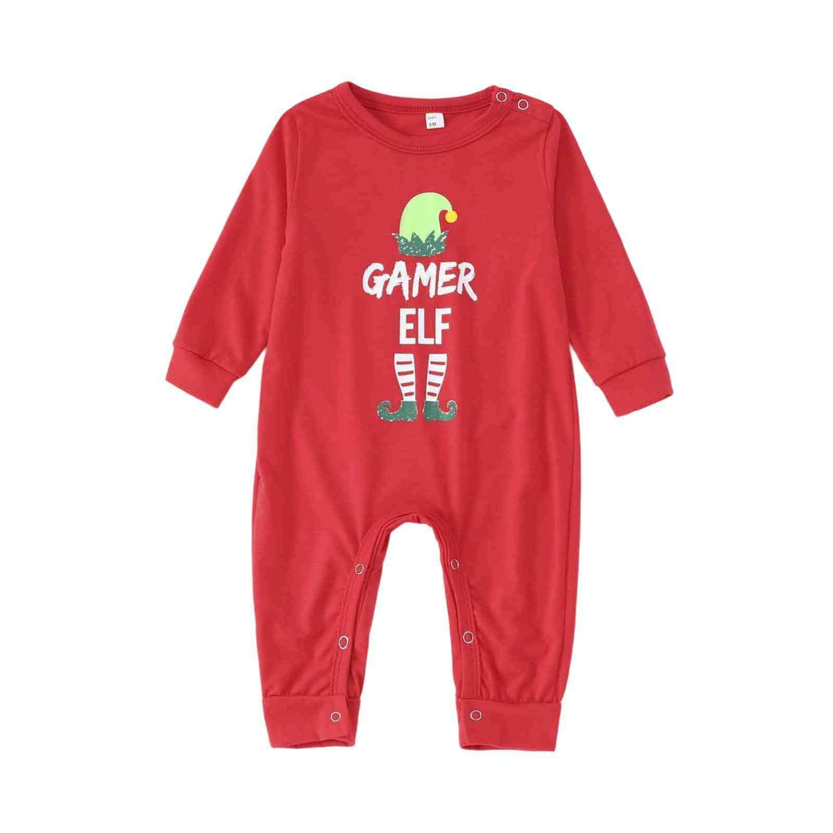 Matching family Christmas pajamas with red elf graphic top and red and white striped pants - view 7