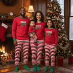 Matching family Christmas pajamas with red elf graphic top and red and white striped pants - view 9