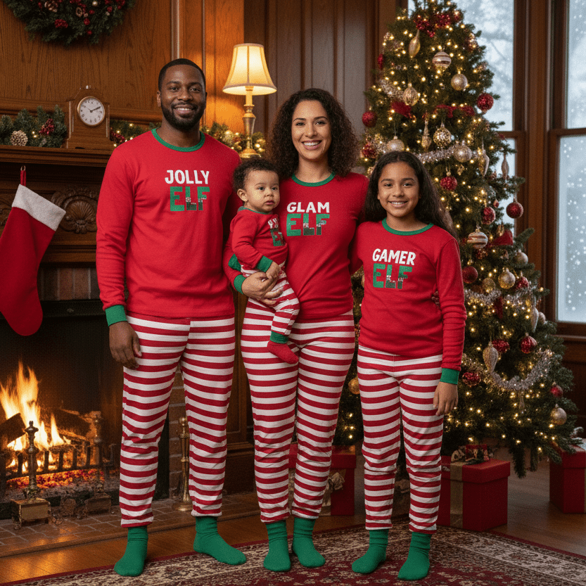 Matching family Christmas pajamas with red elf graphic top and red and white striped pants - view 9