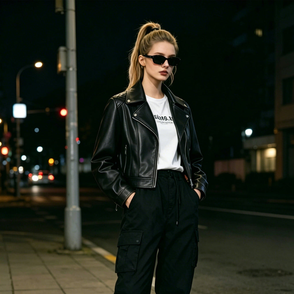 Women's faux leather biker jacket with asymmetric zip and quilted shoulders