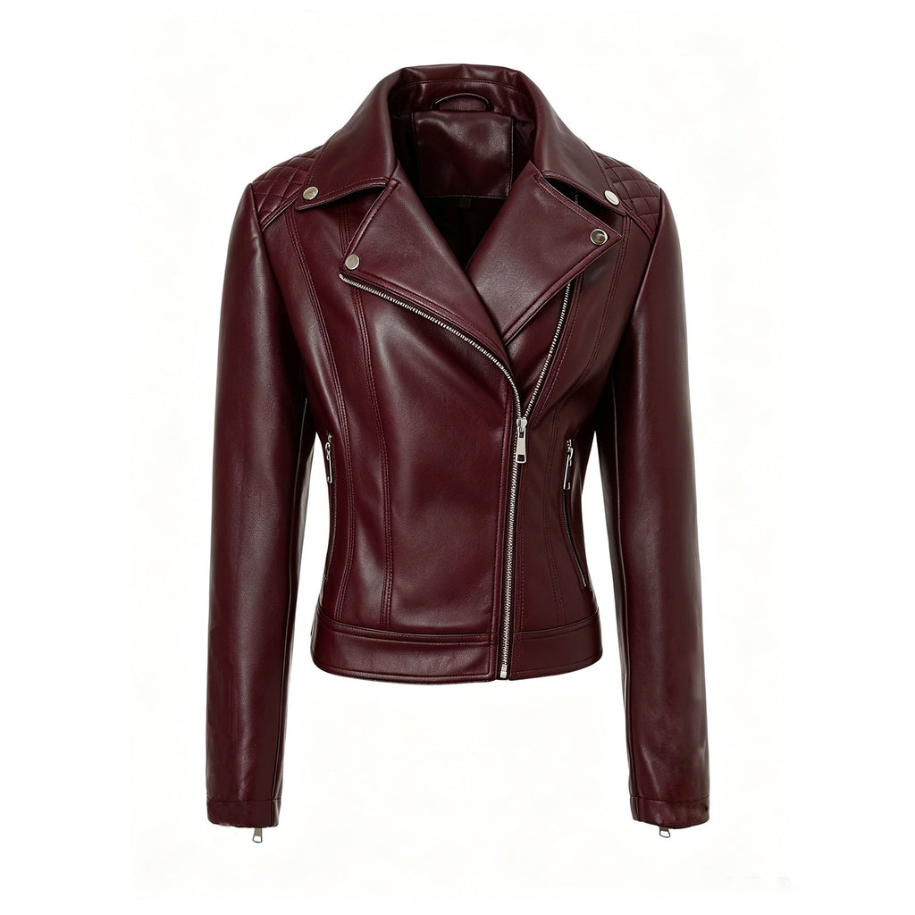 Women's faux leather biker jacket with asymmetric zip and quilted shoulders - view 2