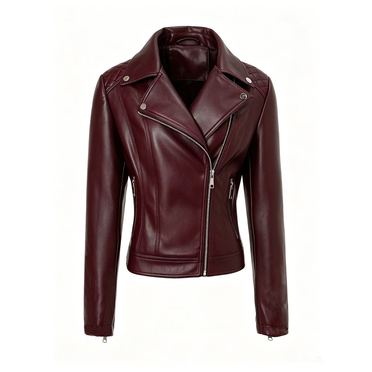 Women's faux leather biker jacket with asymmetric zip and quilted shoulders - view 2