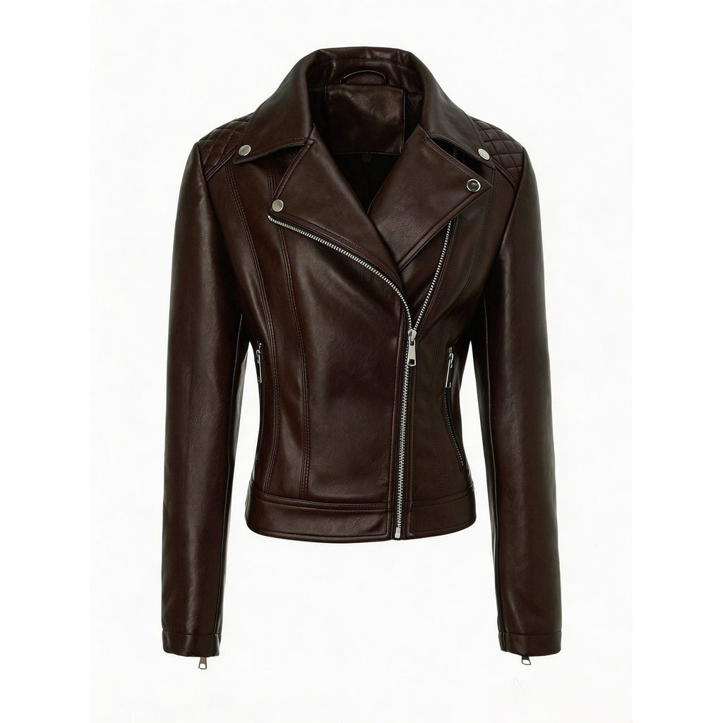 Women's faux leather biker jacket with asymmetric zip and quilted shoulders - view 3