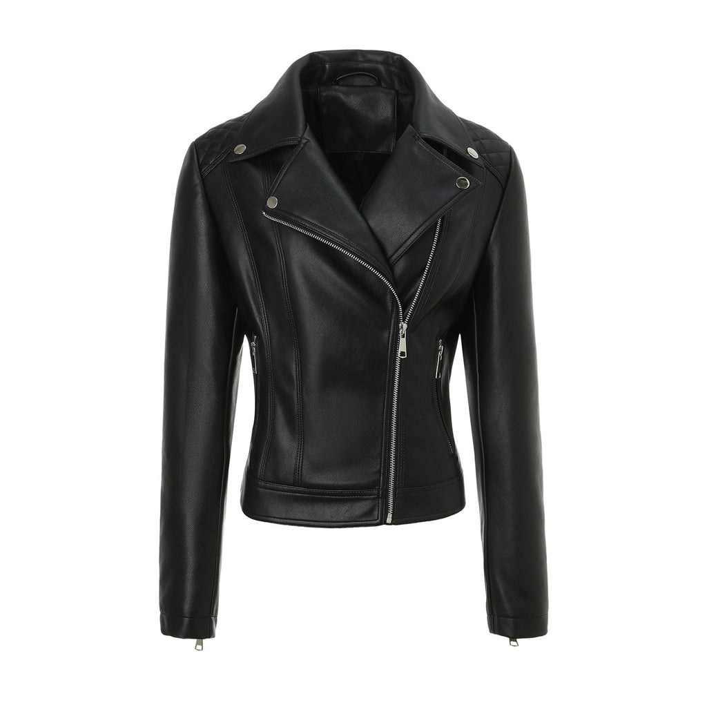 Women's faux leather biker jacket with asymmetric zip and quilted shoulders - view 4