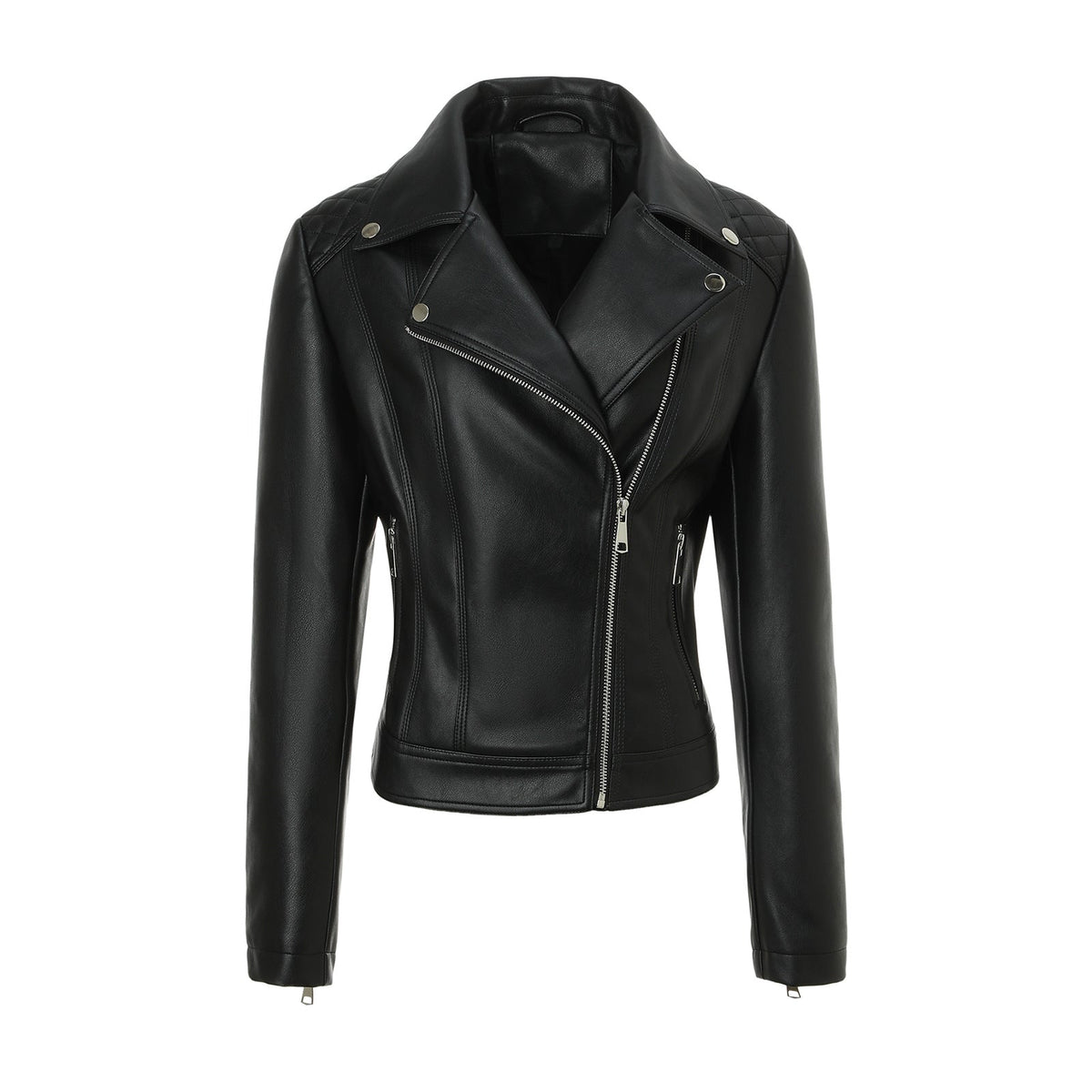 Women's faux leather biker jacket with asymmetric zip and quilted shoulders - view 4