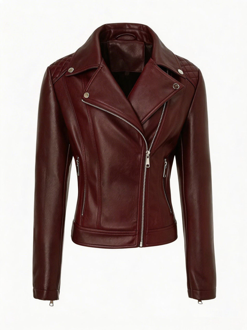 Women's faux leather biker jacket with asymmetric zip and quilted shoulders - view 5