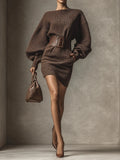Joelle chocolate brown knit sweater mini dress with balloon sleeves and buckle belt