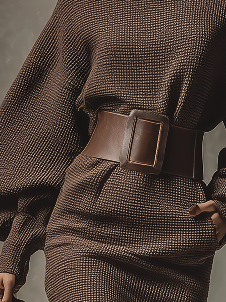 Joelle chocolate brown knit sweater mini dress with balloon sleeves and buckle belt - view 3