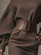 Joelle chocolate brown knit sweater mini dress with balloon sleeves and buckle belt - view 3