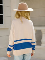 Woman wearing a relaxed colorblock quarter zip knit sweater with ring-pull half zip and ribbed cuffs - view 10