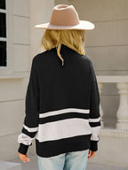 Woman wearing a relaxed colorblock quarter zip knit sweater with ring-pull half zip and ribbed cuffs - view 2