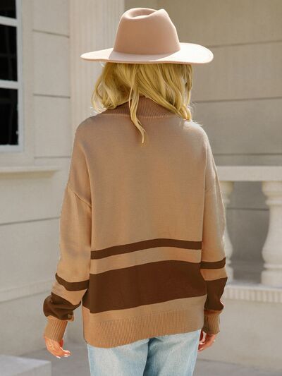 Woman wearing a relaxed colorblock quarter zip knit sweater with ring-pull half zip and ribbed cuffs - view 4