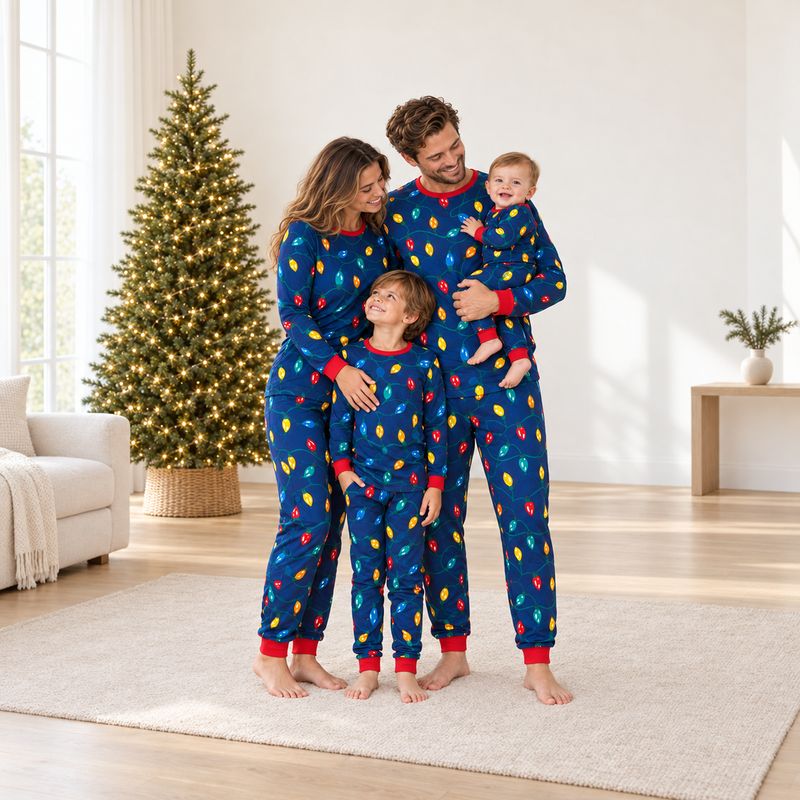 Navy family Christmas pajamas set with multicolor string lights print and red ribbed cuffs