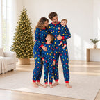 Navy family Christmas pajamas set with multicolor string lights print and red ribbed cuffs