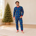 Navy family Christmas pajamas set with multicolor string lights print and red ribbed cuffs - view 2
