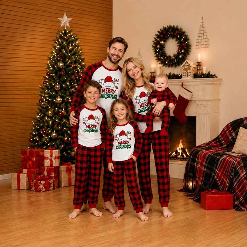 Family matching Christmas pajamas with Santa hat graphic raglan top and red buffalo plaid pants
