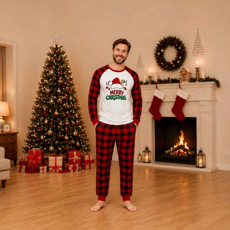 Family matching Christmas pajamas with Santa hat graphic raglan top and red buffalo plaid pants - view 2