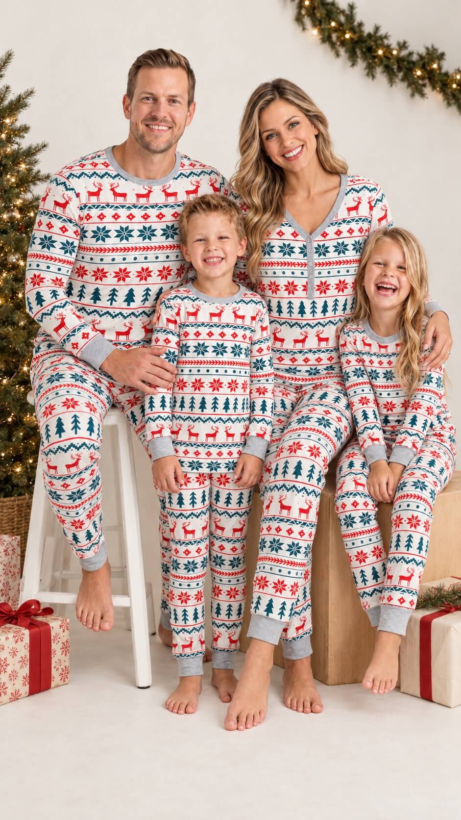 Family wearing matching Fair Isle Christmas pajamas with reindeer and snowflake print