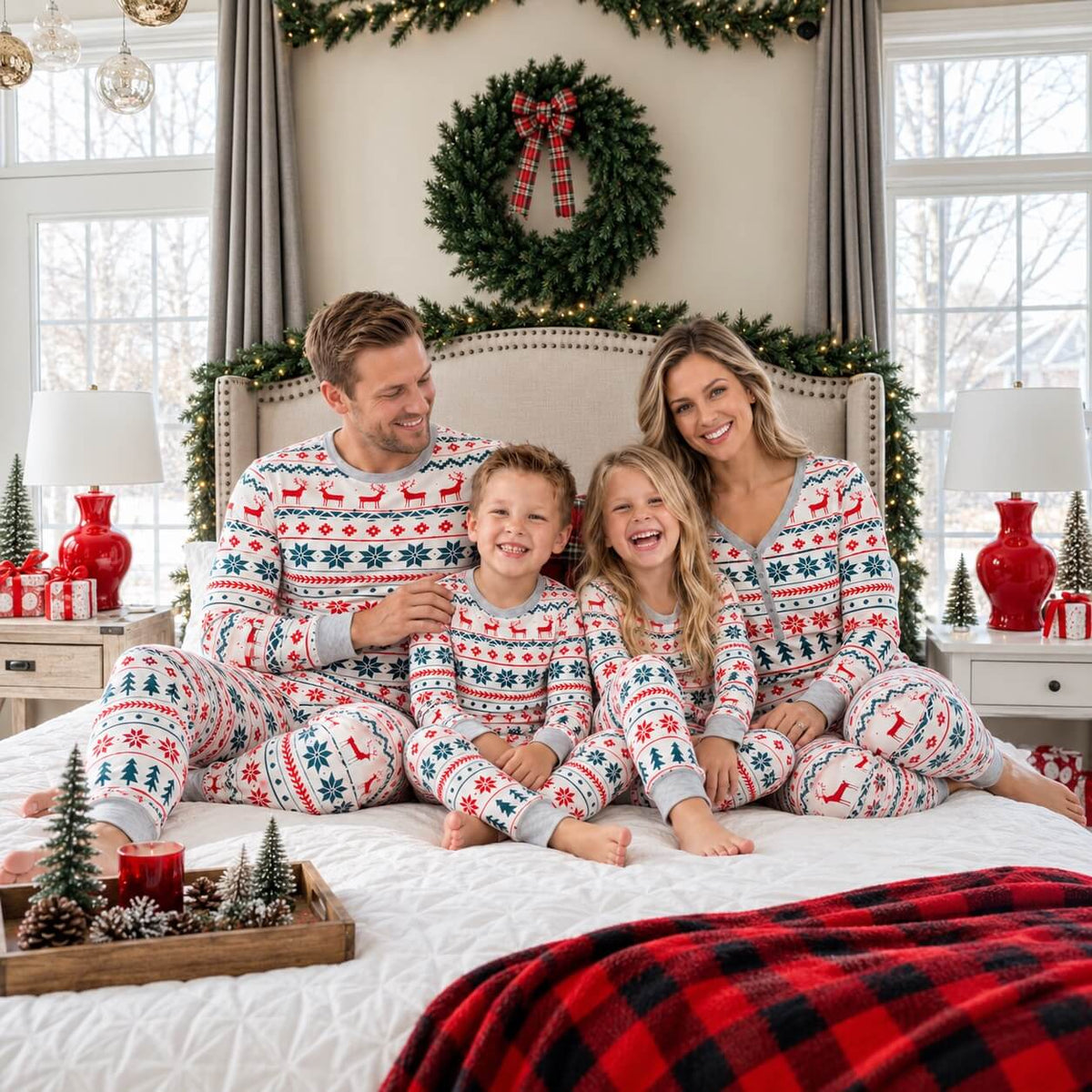 Family wearing matching Fair Isle Christmas pajamas with reindeer and snowflake print - view 14