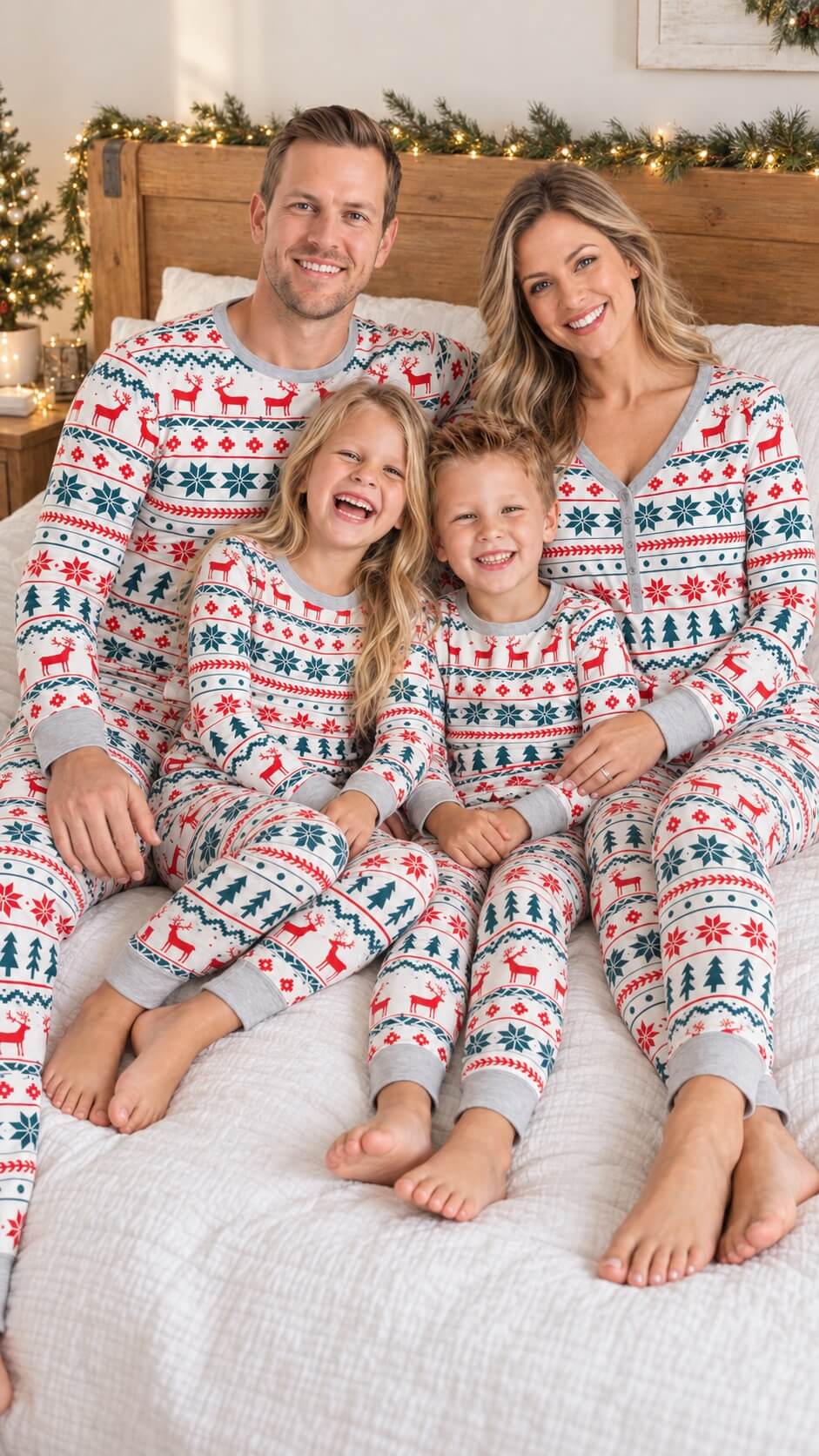 Family wearing matching Fair Isle Christmas pajamas with reindeer and snowflake print - view 15