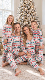 Family wearing matching Fair Isle Christmas pajamas with reindeer and snowflake print - view 17