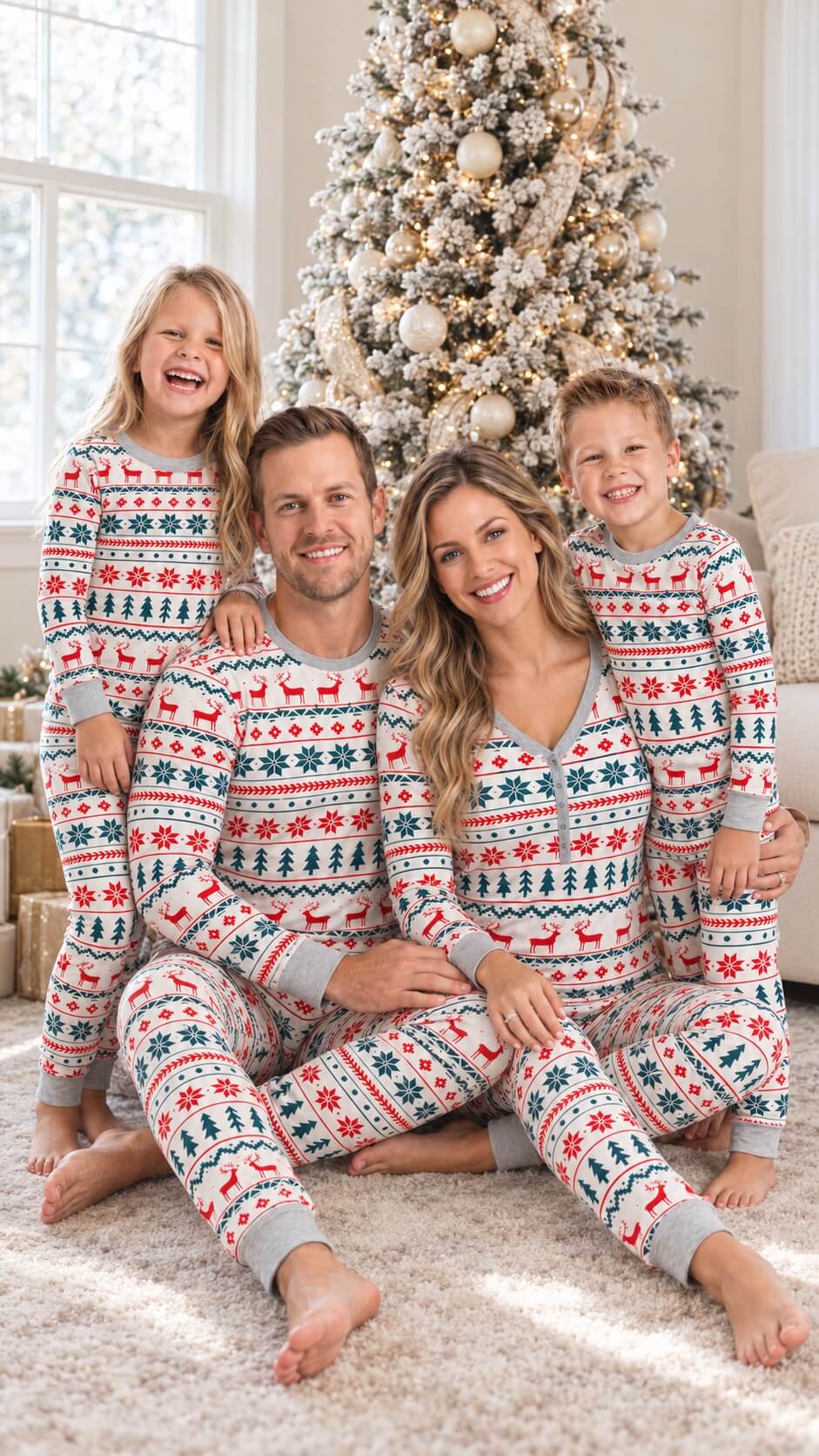 Family wearing matching Fair Isle Christmas pajamas with reindeer and snowflake print - view 17