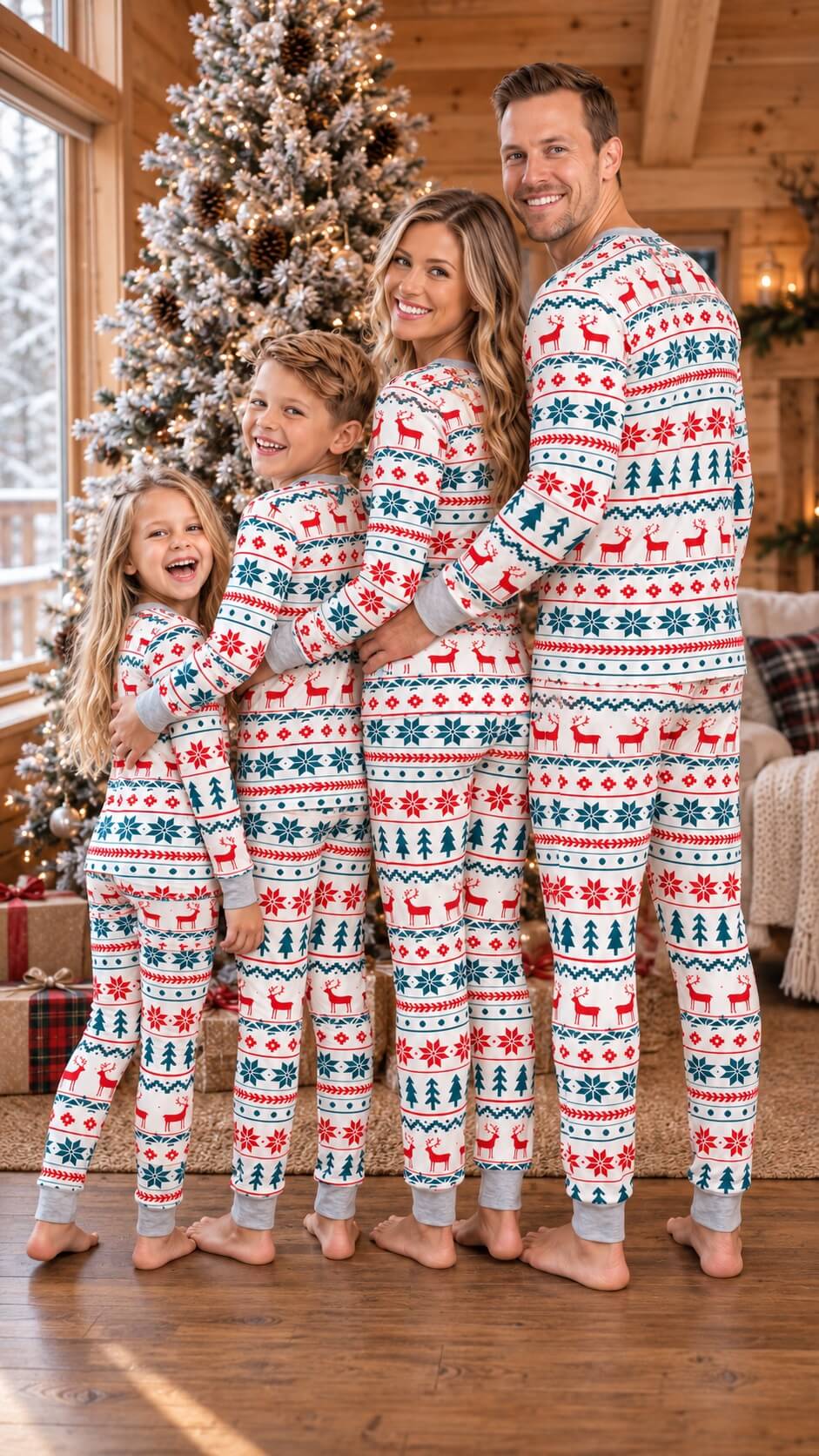 Family wearing matching Fair Isle Christmas pajamas with reindeer and snowflake print - view 18
