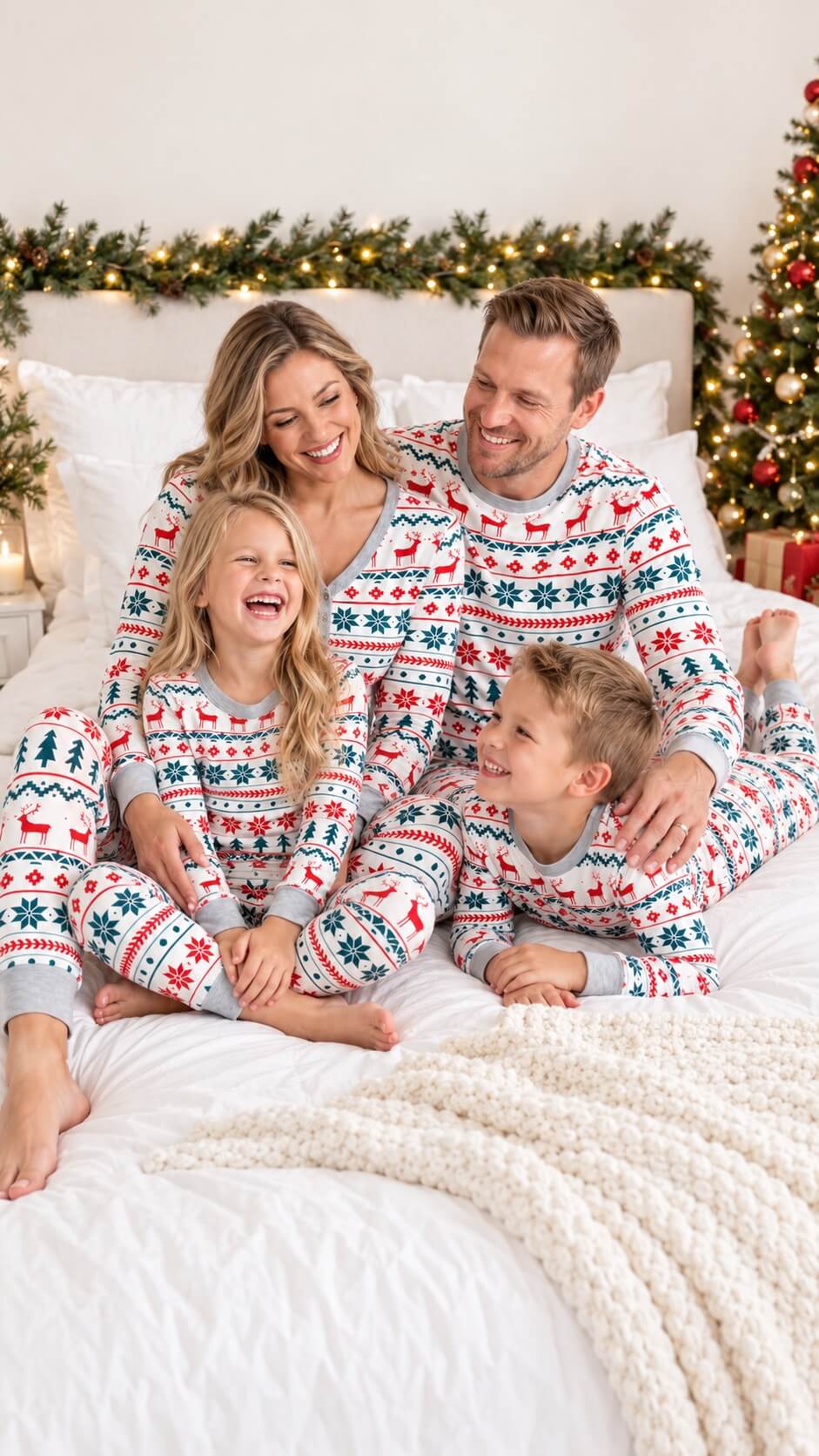 Family wearing matching Fair Isle Christmas pajamas with reindeer and snowflake print - view 19