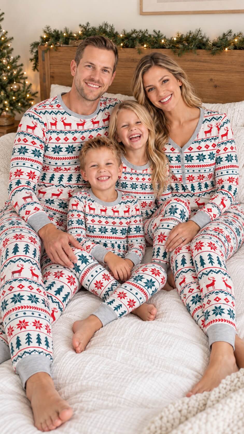 Family wearing matching Fair Isle Christmas pajamas with reindeer and snowflake print - view 2
